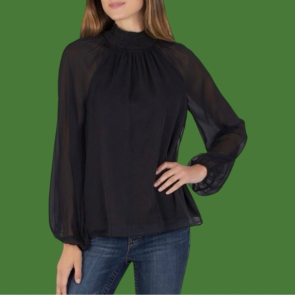Joie Limited Edition Black Sheer Chiffon Long Sleeve Smocked Top Size Small - Picture 1 of 16